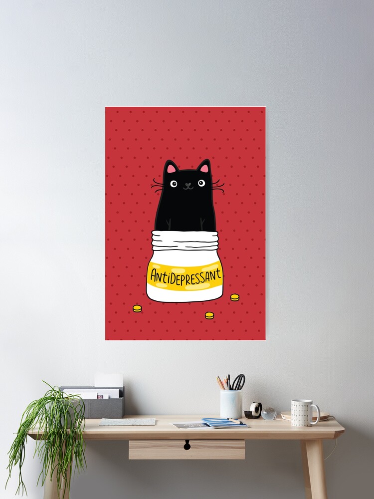Aperçu 1 sur 3. Poster avec l'œuvre ANTIDÉPRESSEUR À FOURRURE. Illustration de chat noir mignon. Un cadeau pour un amoureux des animaux. créée et vendue par kostolom3000.