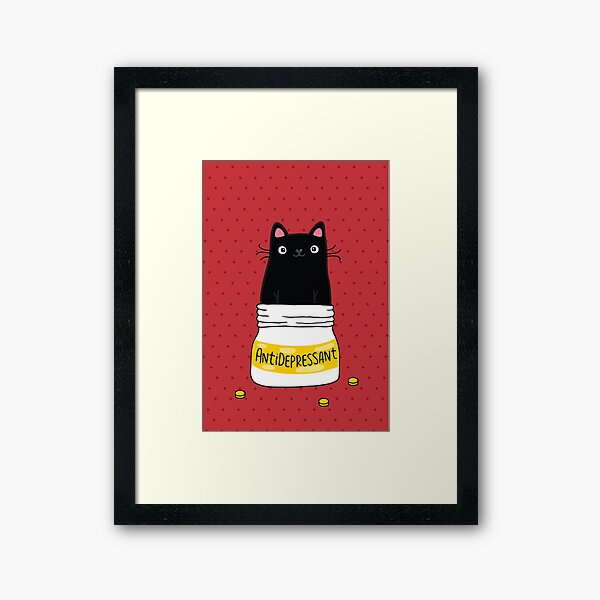 FUR ANTIDEPRESSANT . Cute black cat illustration. A gift for a pet lover. Framed Art Print