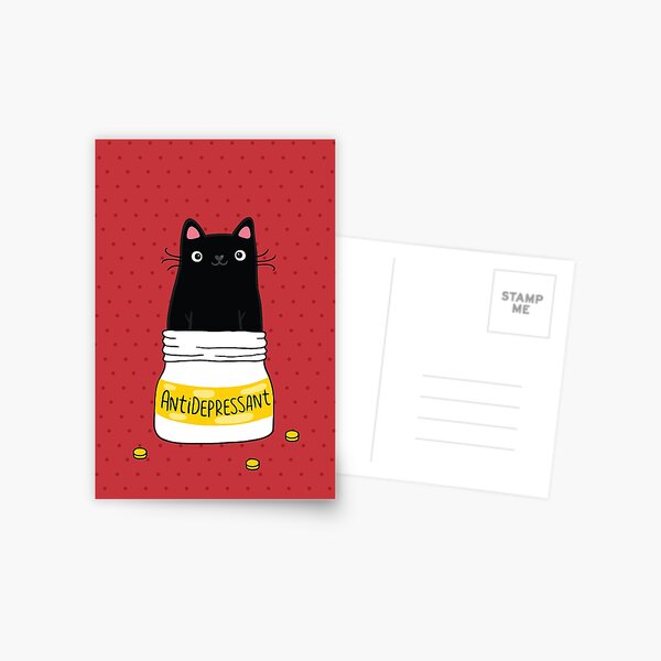 FUR ANTIDEPRESSANT . Cute black cat illustration. A gift for a pet lover. Postcard