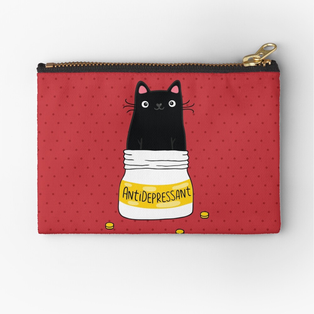 FUR ANTIDEPRESSANT . Cute black cat illustration. A gift for a pet lover. Zipper Pouch
