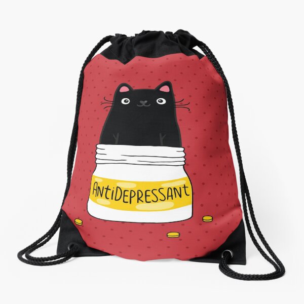 FUR ANTIDEPRESSANT . Cute black cat illustration. A gift for a pet lover. Drawstring Bag