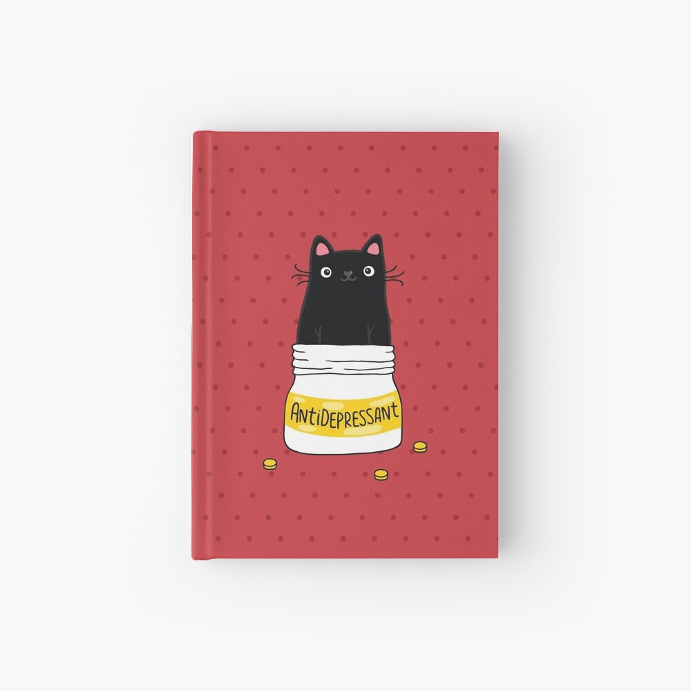 FUR ANTIDEPRESSANT . Cute black cat illustration. A gift for a pet lover. Hardcover Journal