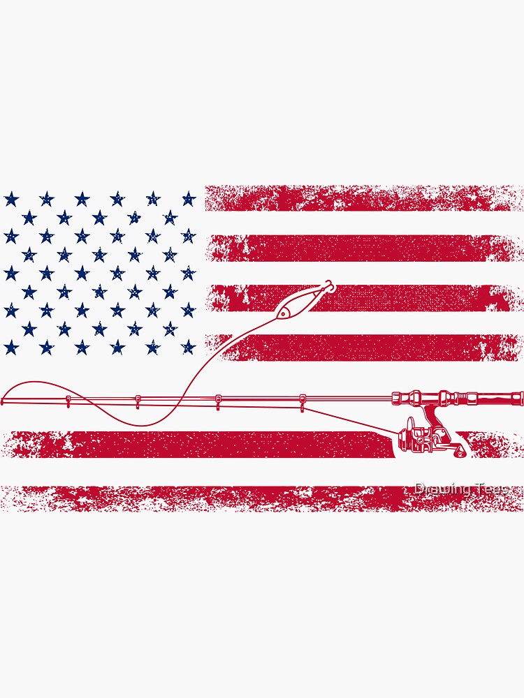 USA flag and a fishing rod with fish, fishing lure blue and red color  design | Sticker
