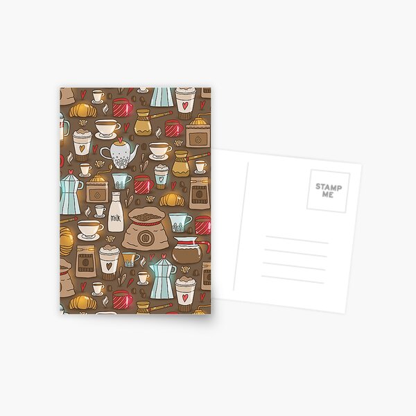 Cute coffee illustration. Caffeine theme. Cappuccino, espresso, beans. Postcard