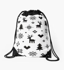 Pixel Pattern - Winter Forest - Black and White Drawstring Bag