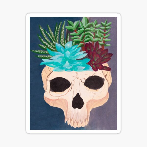 Skull filled with succulents in Gouache Sticker