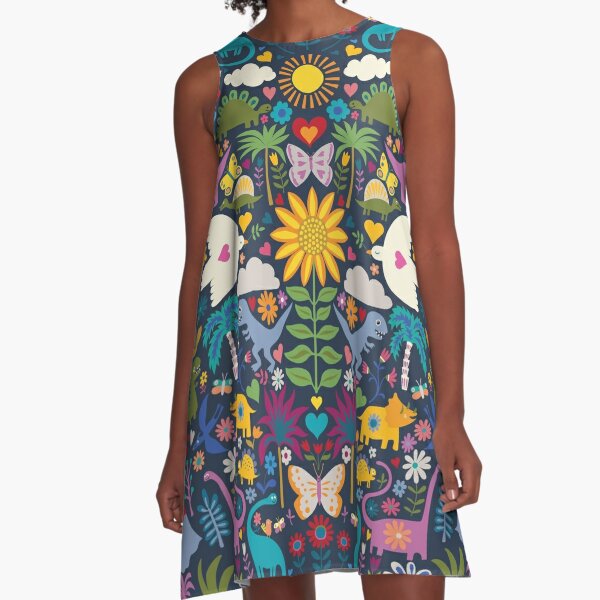 Peace, Love and Dinosaurs - cute animal pattern by Cecca Designs A-Line Dress