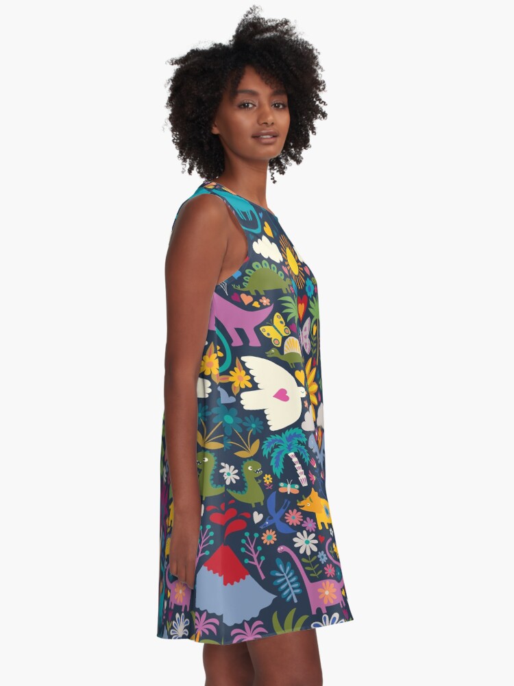 Alternate view of Peace, Love and Dinosaurs - cute animal pattern by Cecca Designs A-Line Dress