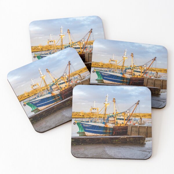 Item preview, Fishing trawlers moored at Kirkcudbright harbour on the River Dee at sunset in winter, Dumfries and Galloway, Scotland designed and sold by SnapTPhotograph.