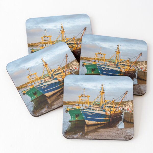 Item preview, Fishing trawlers moored at Kirkcudbright harbour on the River Dee at sunset in winter, Dumfries and Galloway, Scotland designed and sold by SnapTPhotograph.