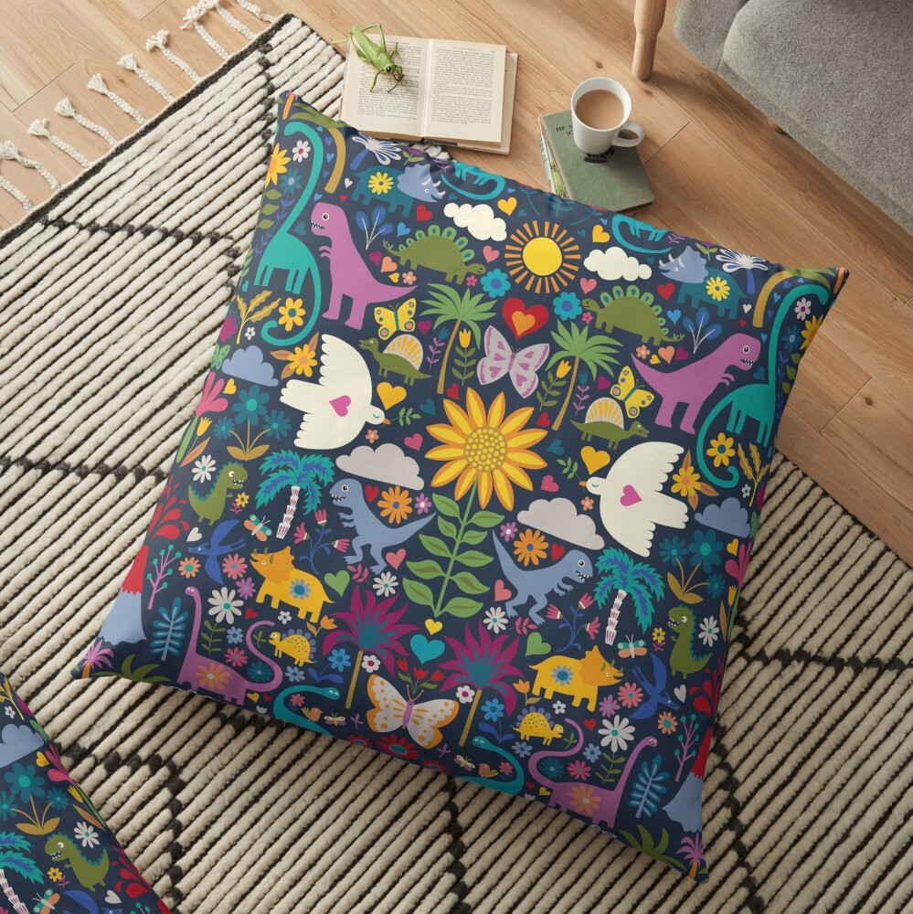 Peace, Love and Dinosaurs - cute animal pattern by Cecca Designs Floor Pillow