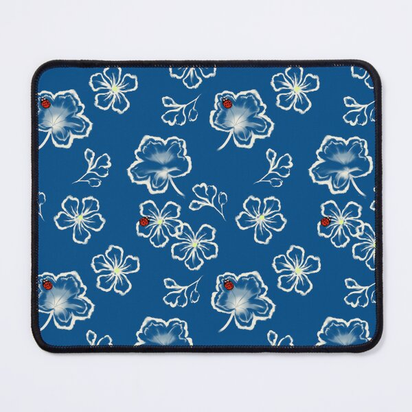 Item preview, White flower and ladybug on blue background designed and sold by Mary Jane Lange.