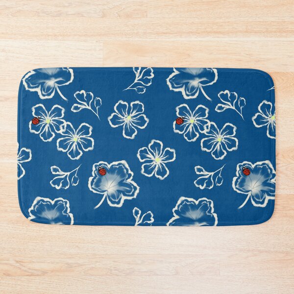Item preview, White flower and ladybug on blue background designed and sold by Mary Jane Lange.