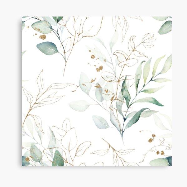 seamless pattern with pink camellias white anemone flowers and golden eucalyptus Canvas Print