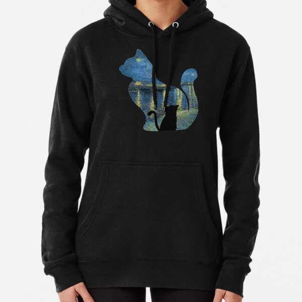 Cat Watching The Starry Night Over The Rhone - Van Gogh Painting Pullover Hoodie