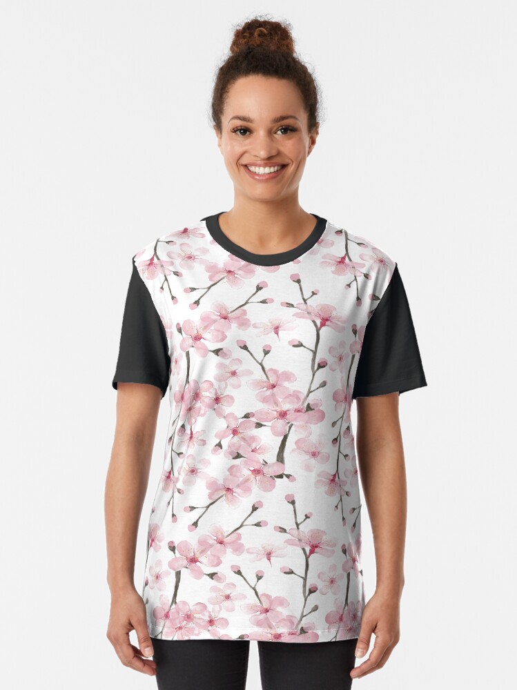Alternate view of pink cherry blossom watercolor Graphic T-Shirt