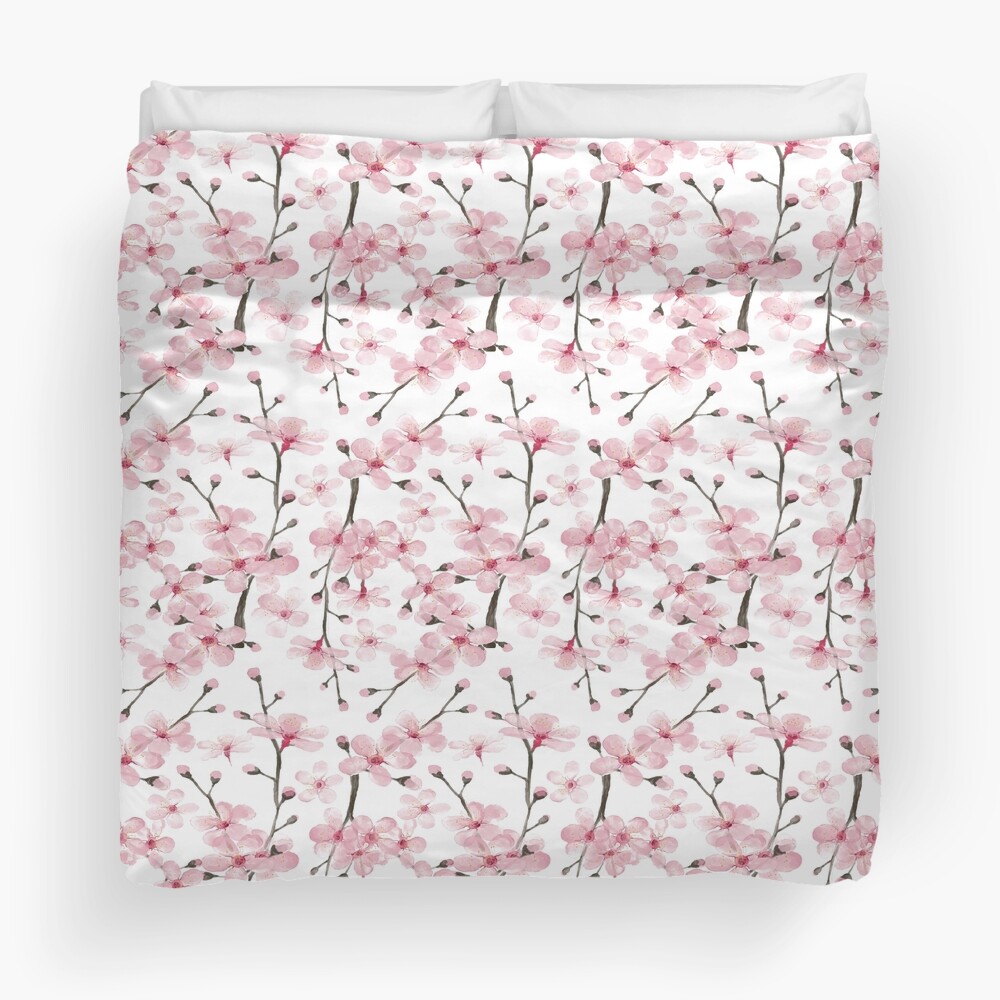 pink cherry blossom watercolor Duvet Cover