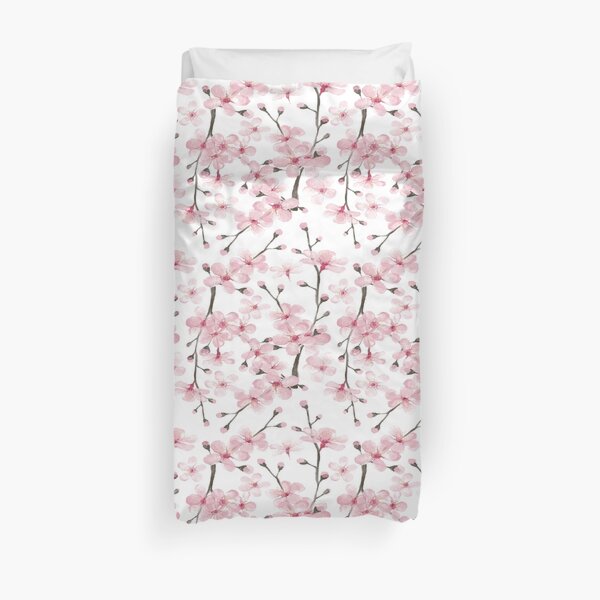 pink cherry blossom watercolor Duvet Cover