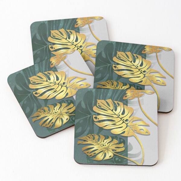 Item preview, tropical gold and green monstera leaves on green-grey backgr designed and sold by RonaKurt.