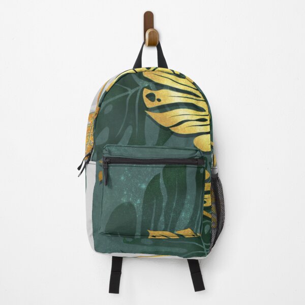 Item preview, tropical gold and green monstera leaves on green-grey backgr designed and sold by RonaKurt.