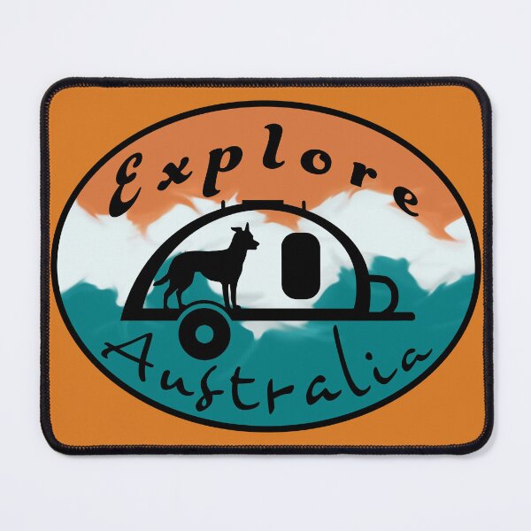 Item preview, Explore Australia in a tear drop camper with a kelpie dog coloured background designed and sold by redkitephotos.