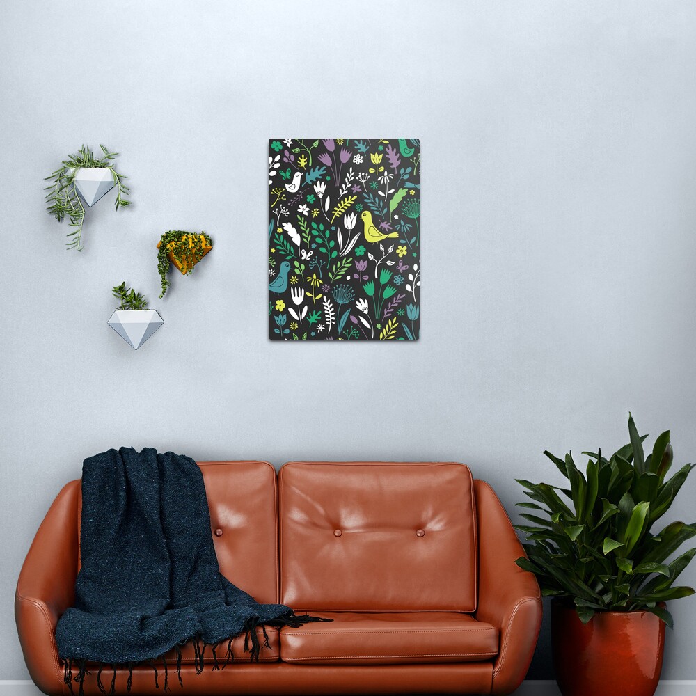 Paper-cut meadow - teal, lemon and green on charcoal - pretty floral bird pattern by Cecca Designs Metal Print