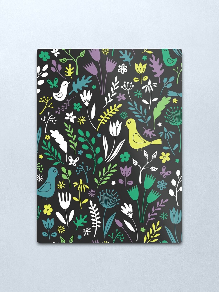 Alternate view of Paper-cut meadow - teal, lemon and green on charcoal - pretty floral bird pattern by Cecca Designs Metal Print