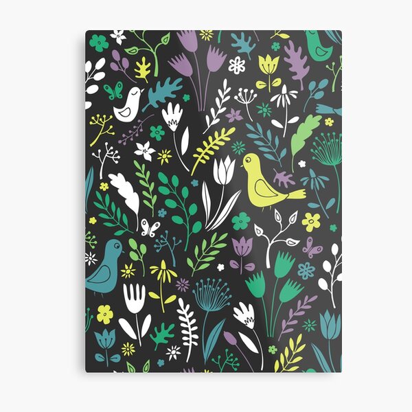 Paper-cut meadow - teal, lemon and green on charcoal - pretty floral bird pattern by Cecca Designs Metal Print