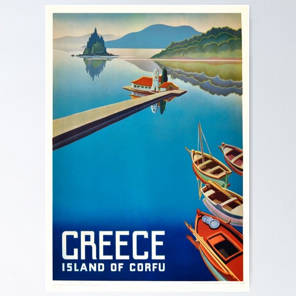 Artikelvorschau, 1954 Reiseplakatwerbung, Insel Korfu in Griechenland entworfen und verkauft von SuperMerchMan.