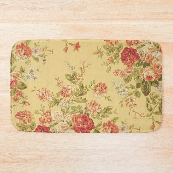 Vintage Pink Roses on Creamy Yellow Background Bath Mat