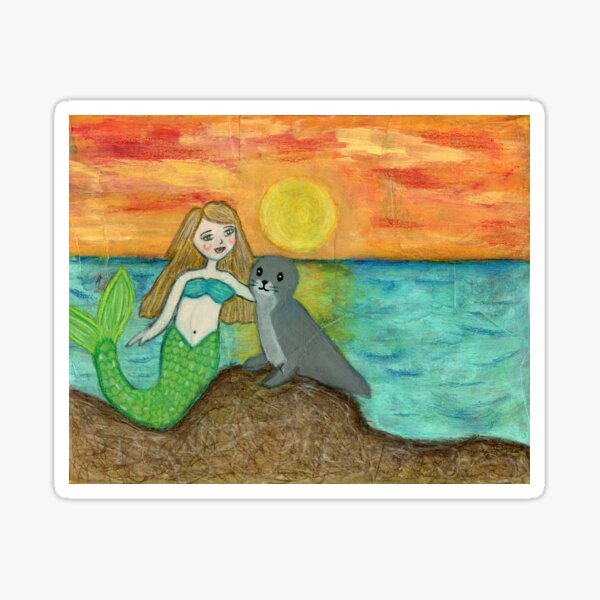 Mermaid, Seal, Little Mermaid, Sunset, Beach, Ocean, Sea Lion, Blonde Mermaid, Mixed Media, Jackie Barragan Gift For Her, Girls room Sticker