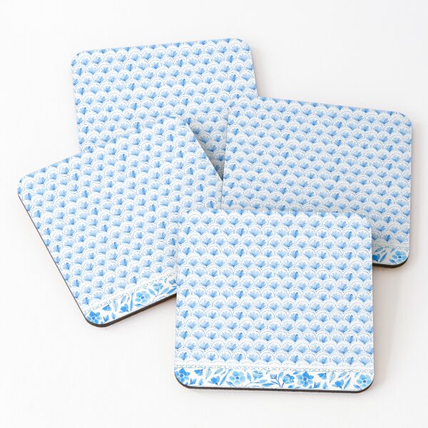 Item preview, Watercolor Blue and White Scallops with Floral Border designed and sold by nilaskiesstudio.