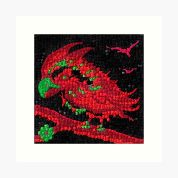 Cross Red Bird (Stitched) Art Print