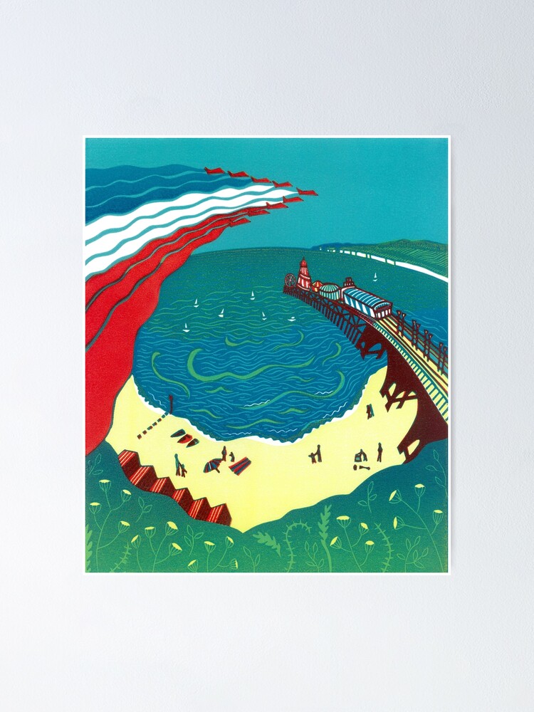 Alternate view of Red Arrows, Bournemouth Beach - Original linocut by Francesca Whetnall Poster
