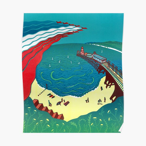 Red Arrows, Bournemouth Beach - Original linocut by Francesca Whetnall Poster