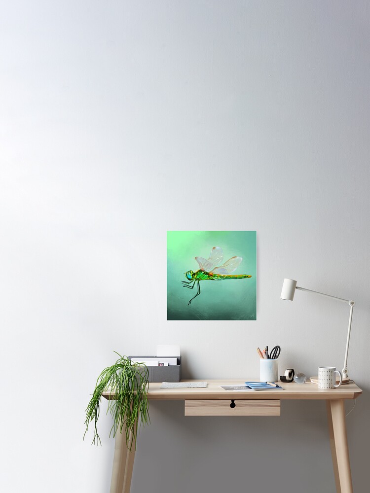 Flying green dragonfly painting. Colourful dragonfly art