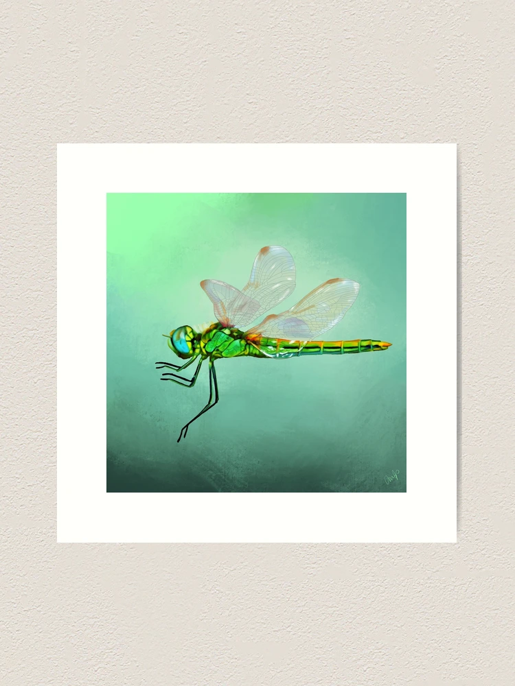 Flying green dragonfly painting. Colourful dragonfly art. Dragonfly gift  Art Print by PlumpPlumStudio