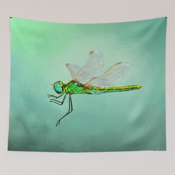 Item preview, Flying green dragonfly painting. Colourful dragonfly art. Dragonfly gift designed and sold by PlumpPlumStudio.
