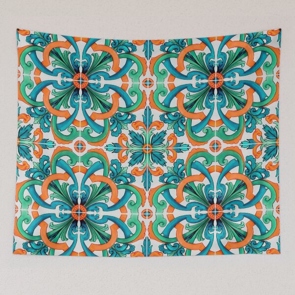 Item preview, Geometric tile pattern - Citrus, teal and aqua watercolor swirls designed and sold by Orianah.