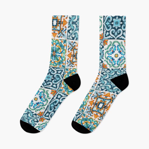 Item preview, Geometric tile pattern - Citrus, teal and aqua watercolor swirls and florals designed and sold by Orianah.