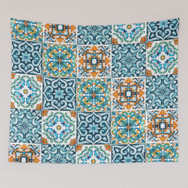Item preview, Geometric tile pattern - Citrus, teal and aqua watercolor swirls and florals designed and sold by Orianah.