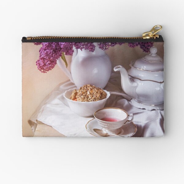 Still life with tea set and fresh lilac Zipper Pouch