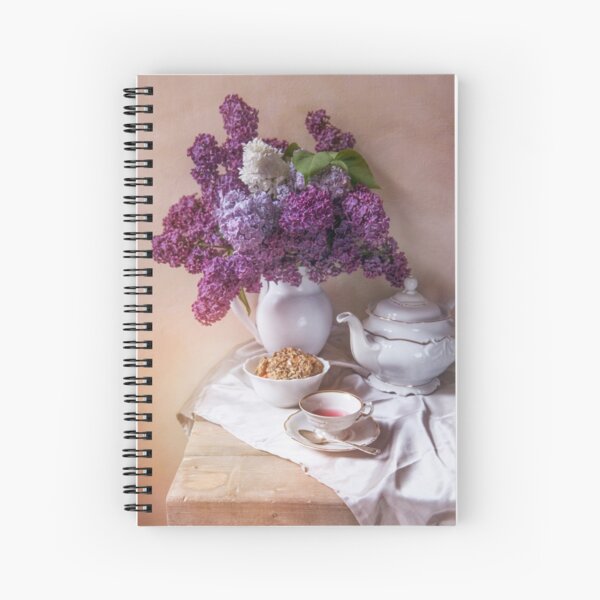 Still life with tea set and fresh lilac Spiral Notebook