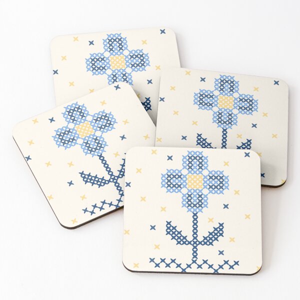 Item preview, Blues on blues faux cross stitch embroidory floral designed and sold by FrancesPoff.
