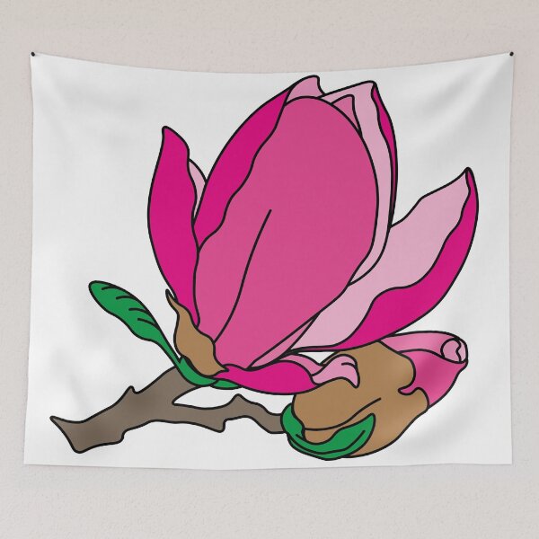 Aperçu de l'œuvre Branche de fleur rose de magnolia avec bourgeon et feuilles créée et vendue par floralfan.