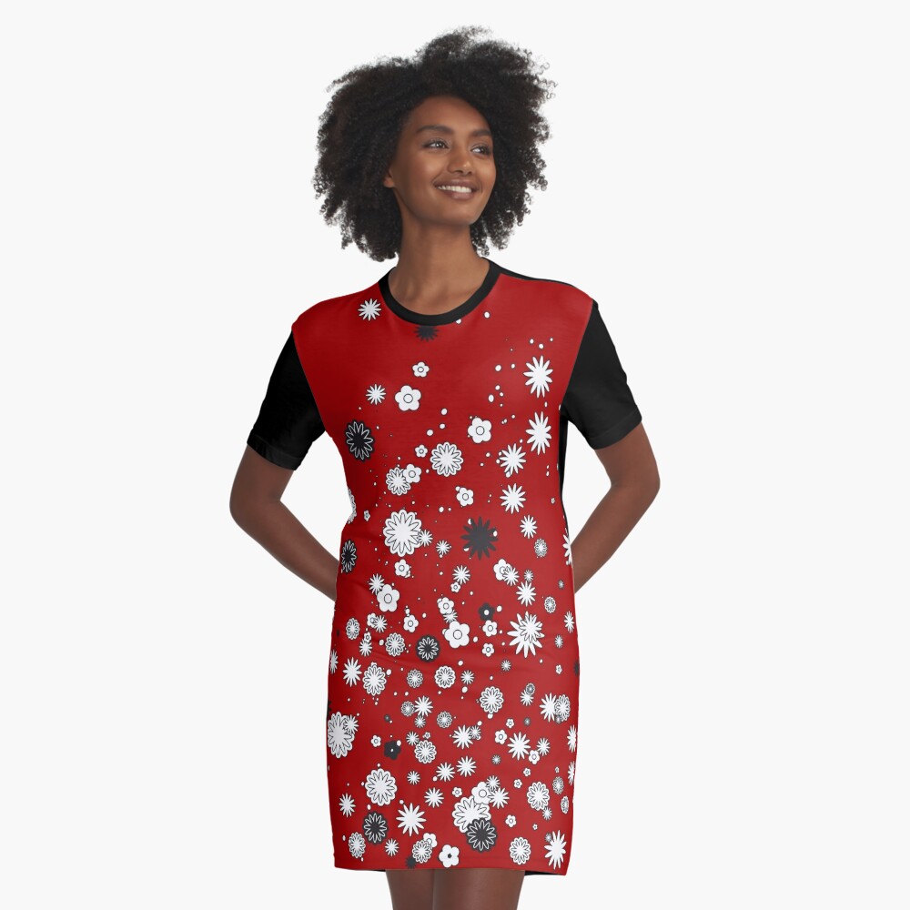 black dress with red and white flowers