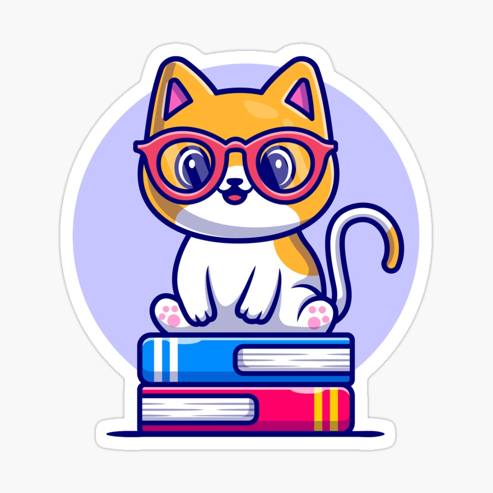 Cute cat sitting on book stack cartoon