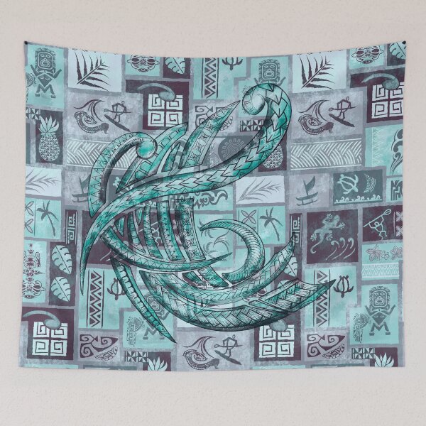 Item preview, Samoan Tapa Patchwork - Hawaiian Teal Ocean Tribal Overlay  designed and sold by sunnthreads.
