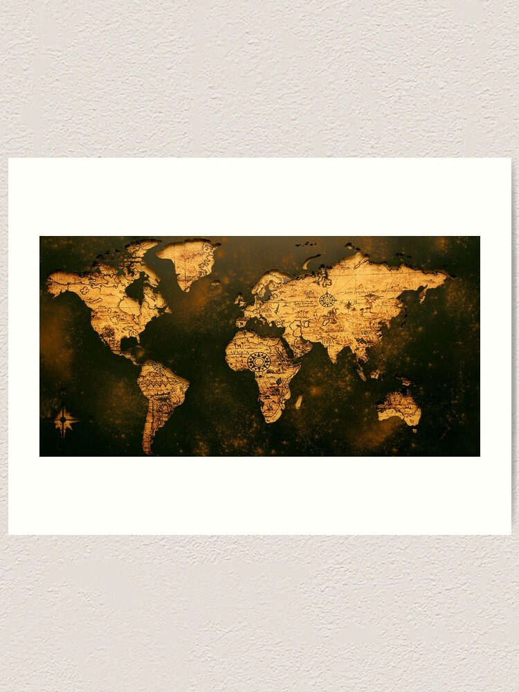 "Large Wall Art, gold map of The World , Ready to Hang Large Framed