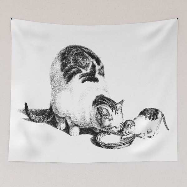 Item preview, Domesticated Cat and Kitten Drinking Milk: Black and White Illustration By Gottfried Mind, The Raphael of Cats 1768-1814 designed and sold by TeachUrb.
